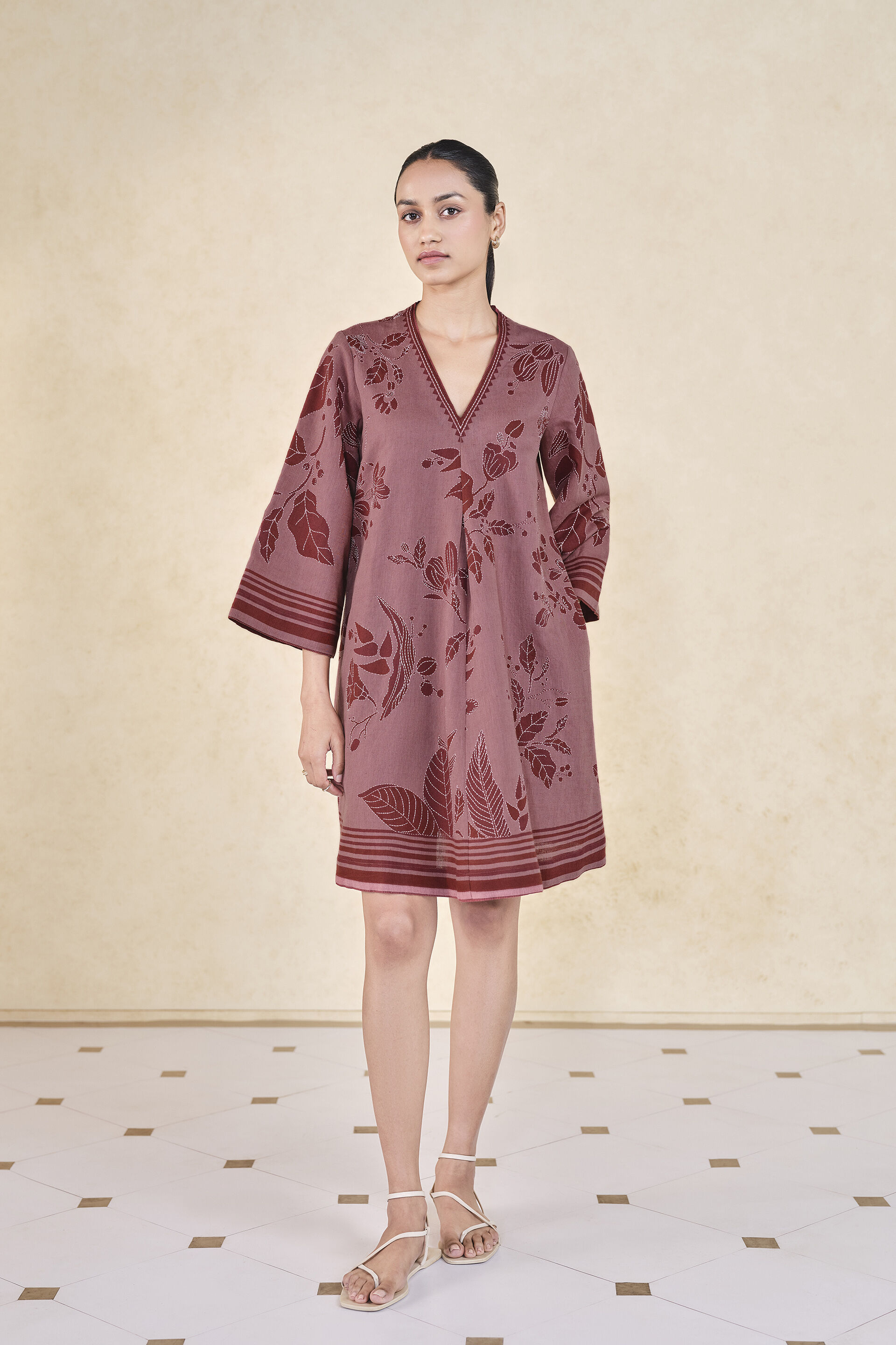 Rhubarb Hand-embroidered Kantha Linen Dress - Pink